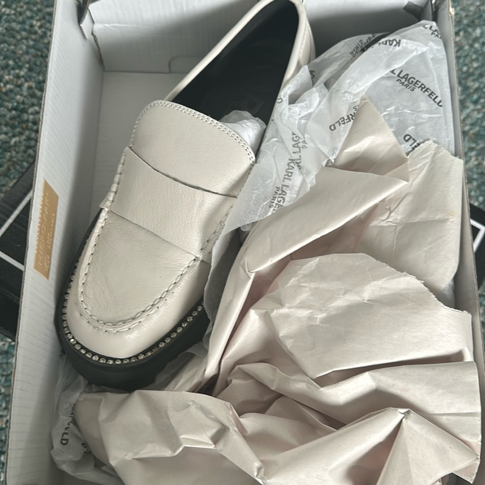 Karl Lagerfeld Paris Maysun loafer available in soft white and black size 6